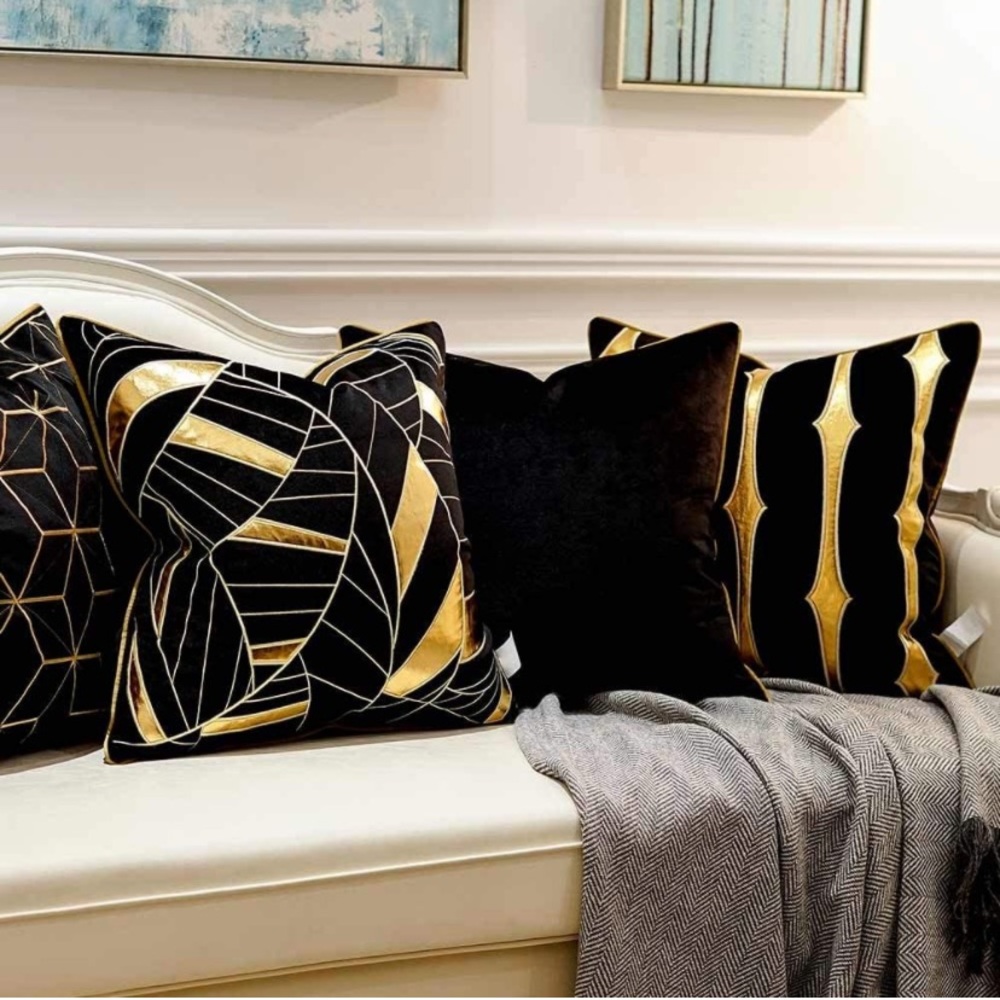 Luxury Home | Modern Black & Gold Abstract Soft Velvet Faux Leather Pillow Cover - Picture 4 of 6